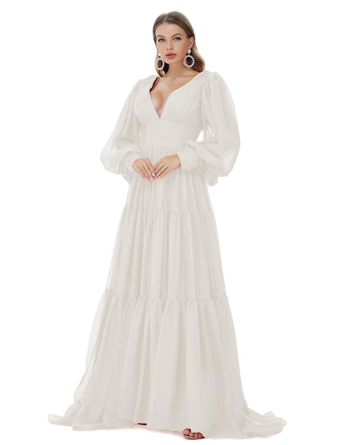 Evening Gown Sexy Dress Party Long Sleeve V Neck with Ruched