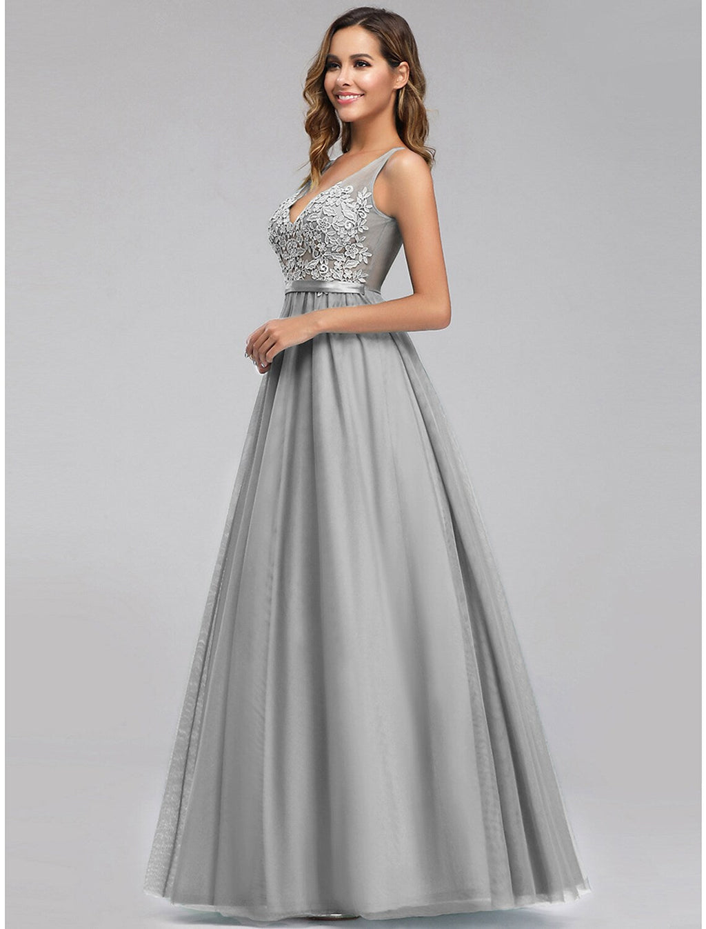 Holiday Prom Dress V Neck V Back Sleeveless Floor Length Appliques