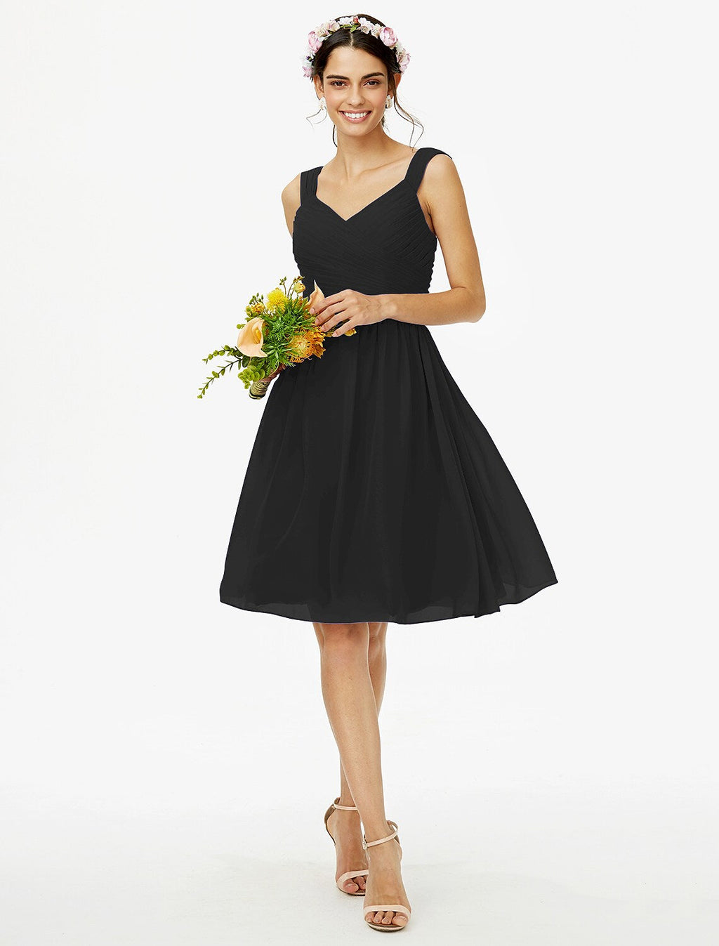 Bridesmaid Dress Straps Sleeveless Open Back Knee Length Sash Ribbon Bow(s)