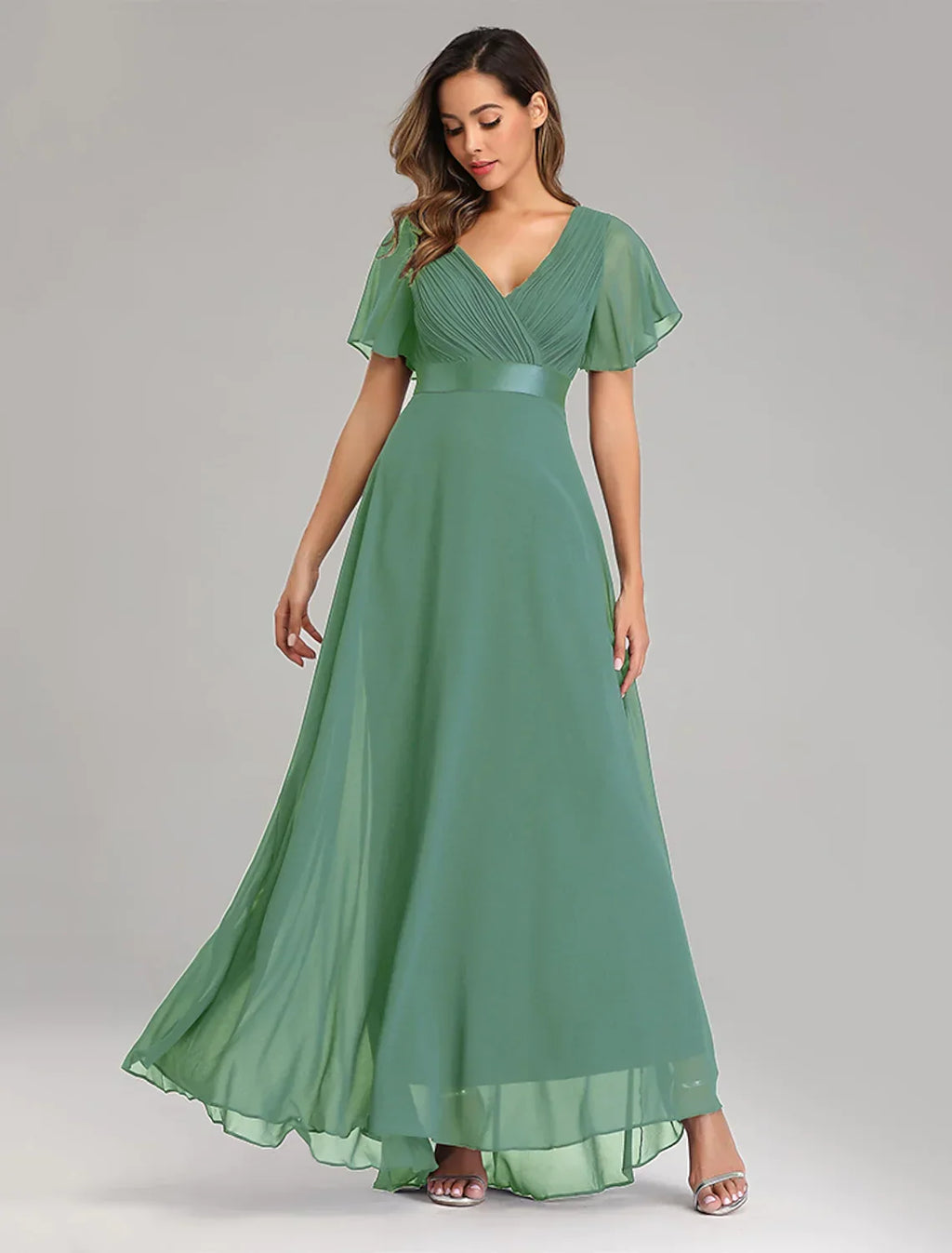 Graduation Floor Length Short Sleeve V Neck V Back with Ruched Ruffles