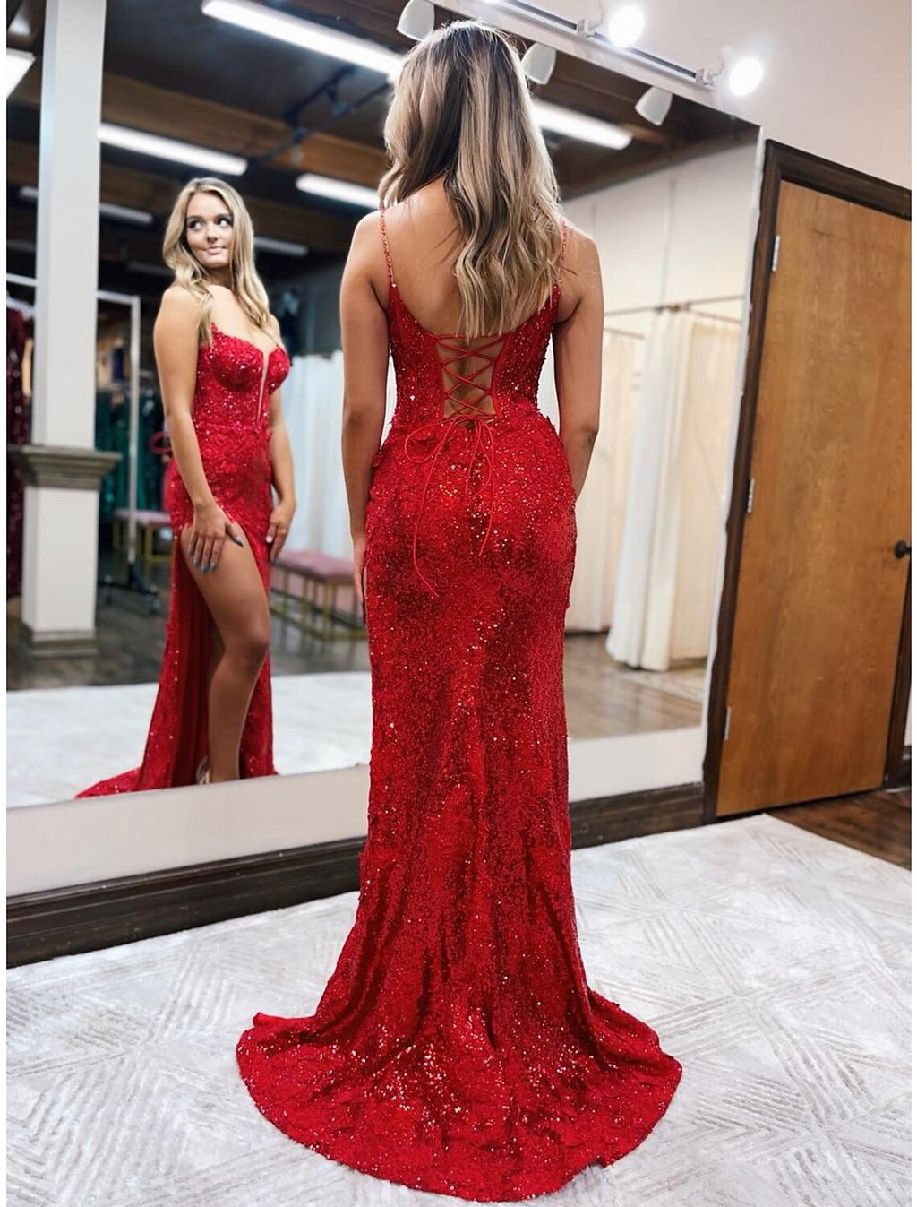 Mermaid / Trumpet Prom Dresses Sparkle & Shine Dress Formal Sweep / Brush Train Sleeveless Spaghetti Strap Backless with Beading Slit