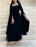 Black Sheath Dress Plus Size Evening Gown Elegant Dress Formal Ankle Length Long Sleeve Square Neck Fabric with Feather