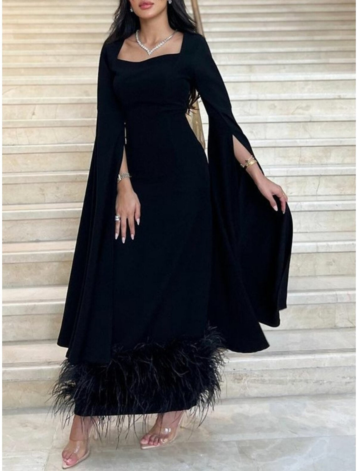 Black Sheath Dress Plus Size Evening Gown Elegant Dress Formal Ankle Length Long Sleeve Square Neck Fabric with Feather