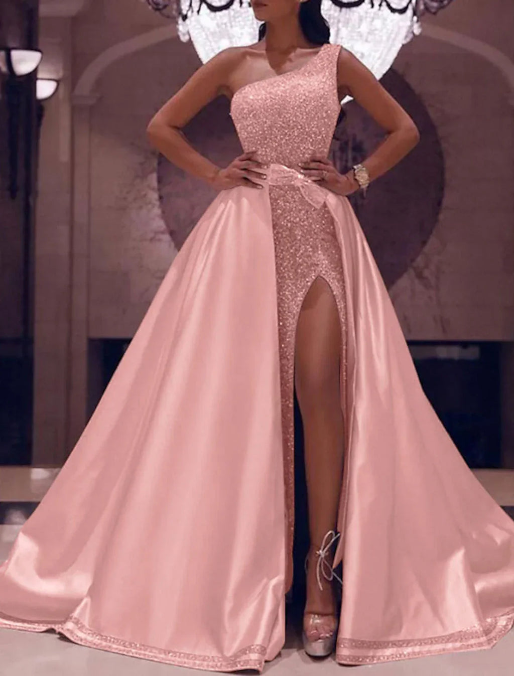 Ball Gown Prom Dresses Sparkle & Shine Dress Evening Party Quinceanera Floor Length Sleeveless One Shoulder Detachable with Bow(s)
