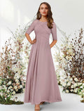 Evening Gown Elegant Dress Wedding Guest Floor Length Half Sleeve Jewel Neck with Pleats Ruched