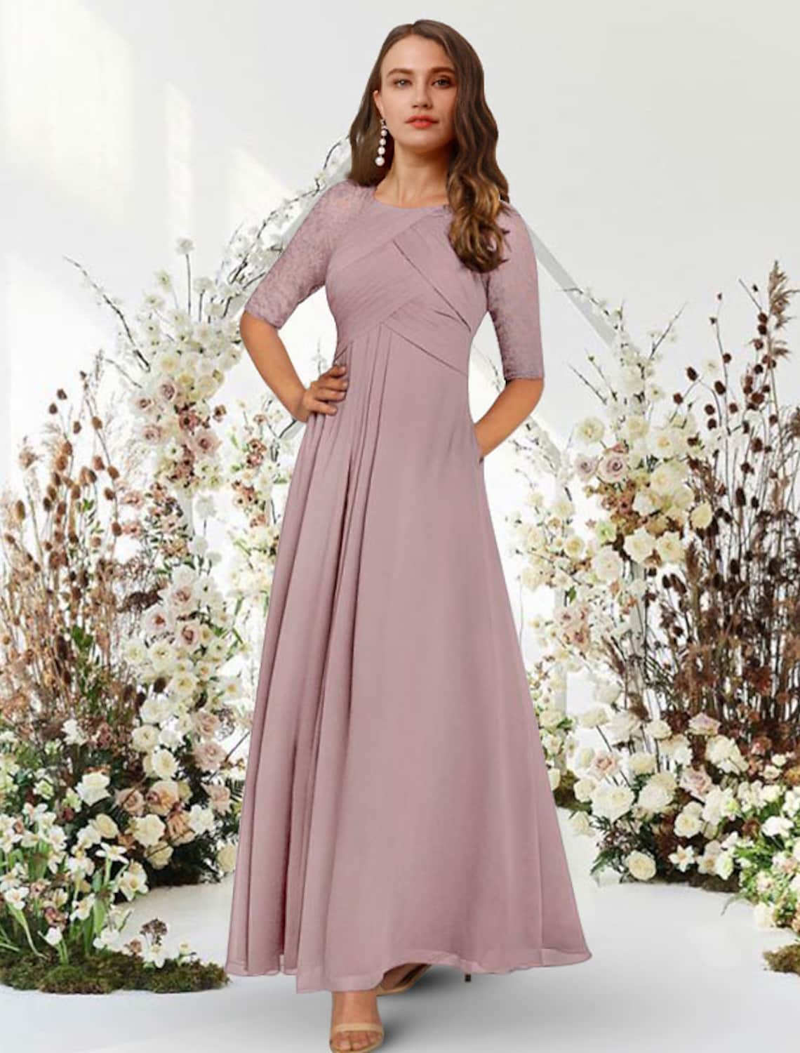 Evening Gown Elegant Dress Wedding Guest Floor Length Half Sleeve Jewel Neck with Pleats Ruched