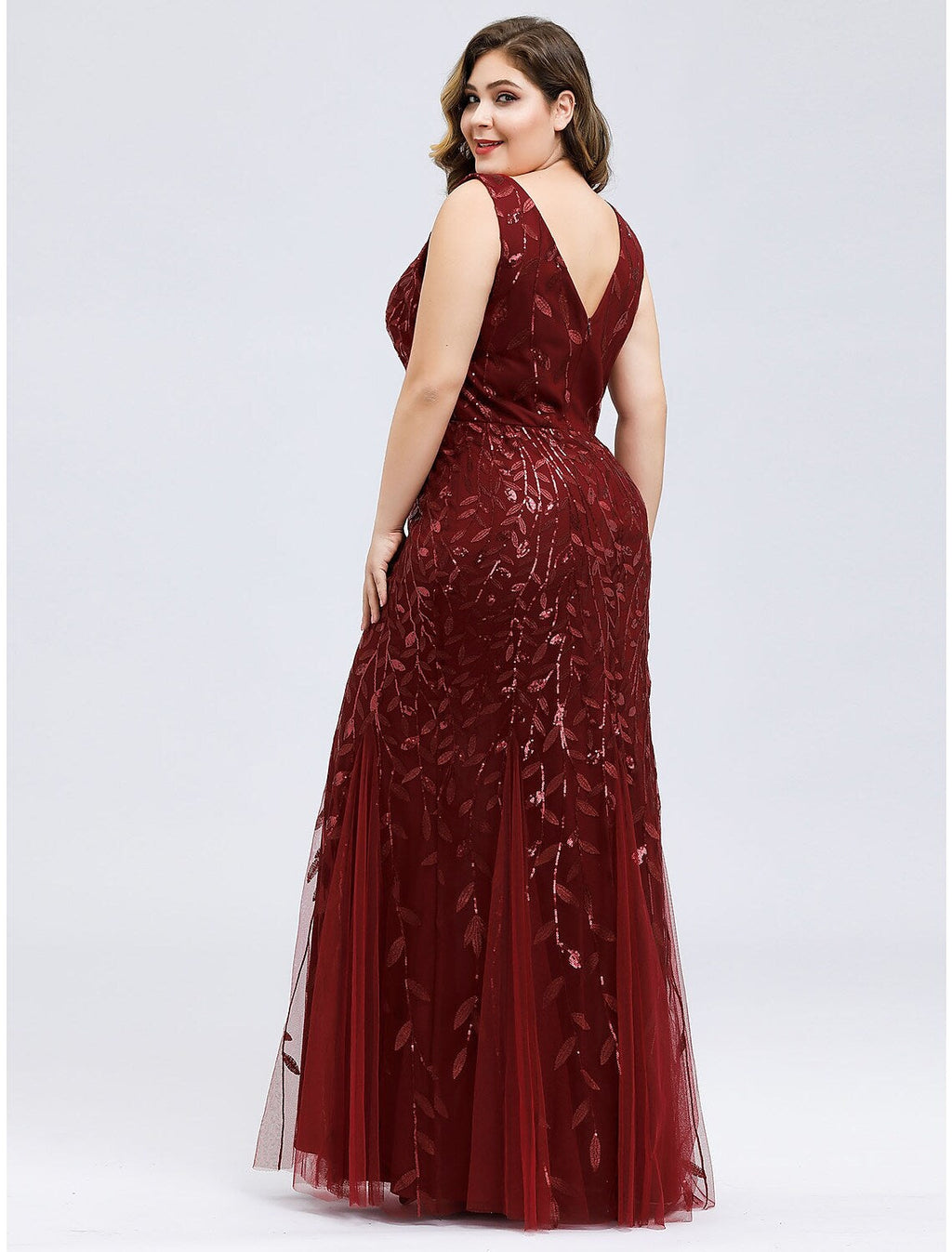 Evening Gown Plus Size Dress Wedding Guest Floor Length Sleeveless V Neck V Back Appliques