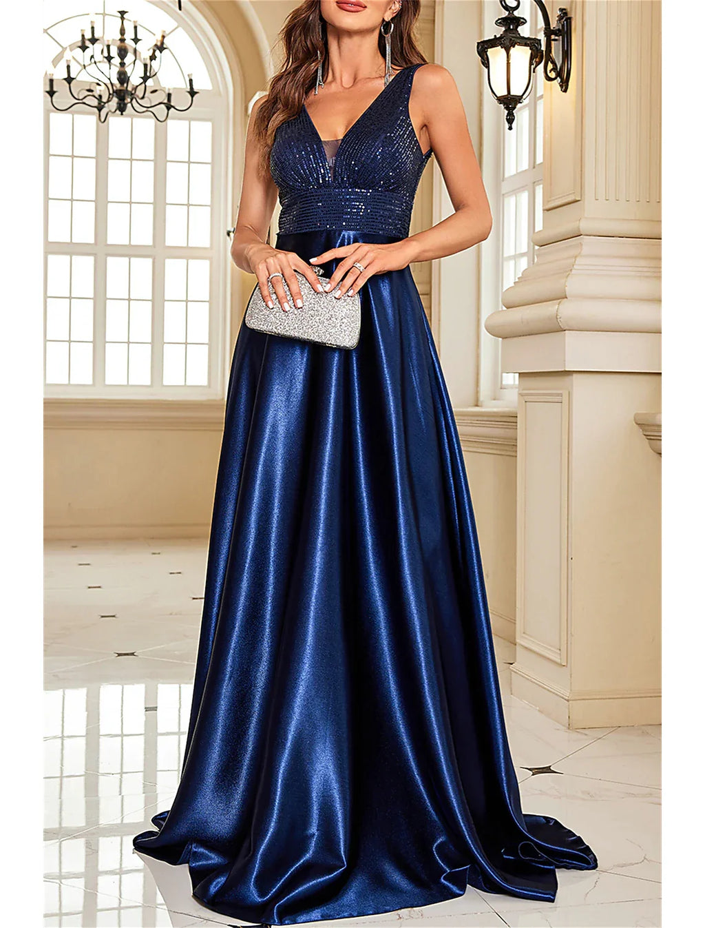 Mother of the Bride Dress Wedding Guest Party Sparkle & Shine Elegant V Neck Floor Length Sleeveless with Color Block
