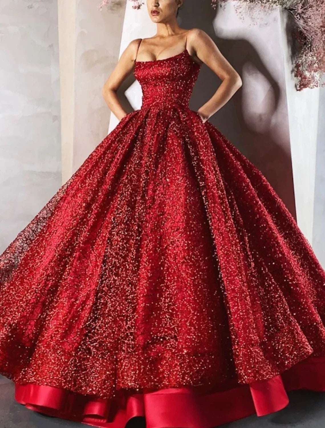 Ball Gown Evening Dress Glittering Luxurious Dress Engagement Wedding Dress Sparkly Floor Length Sleeveless Spaghetti Strap with Tiered