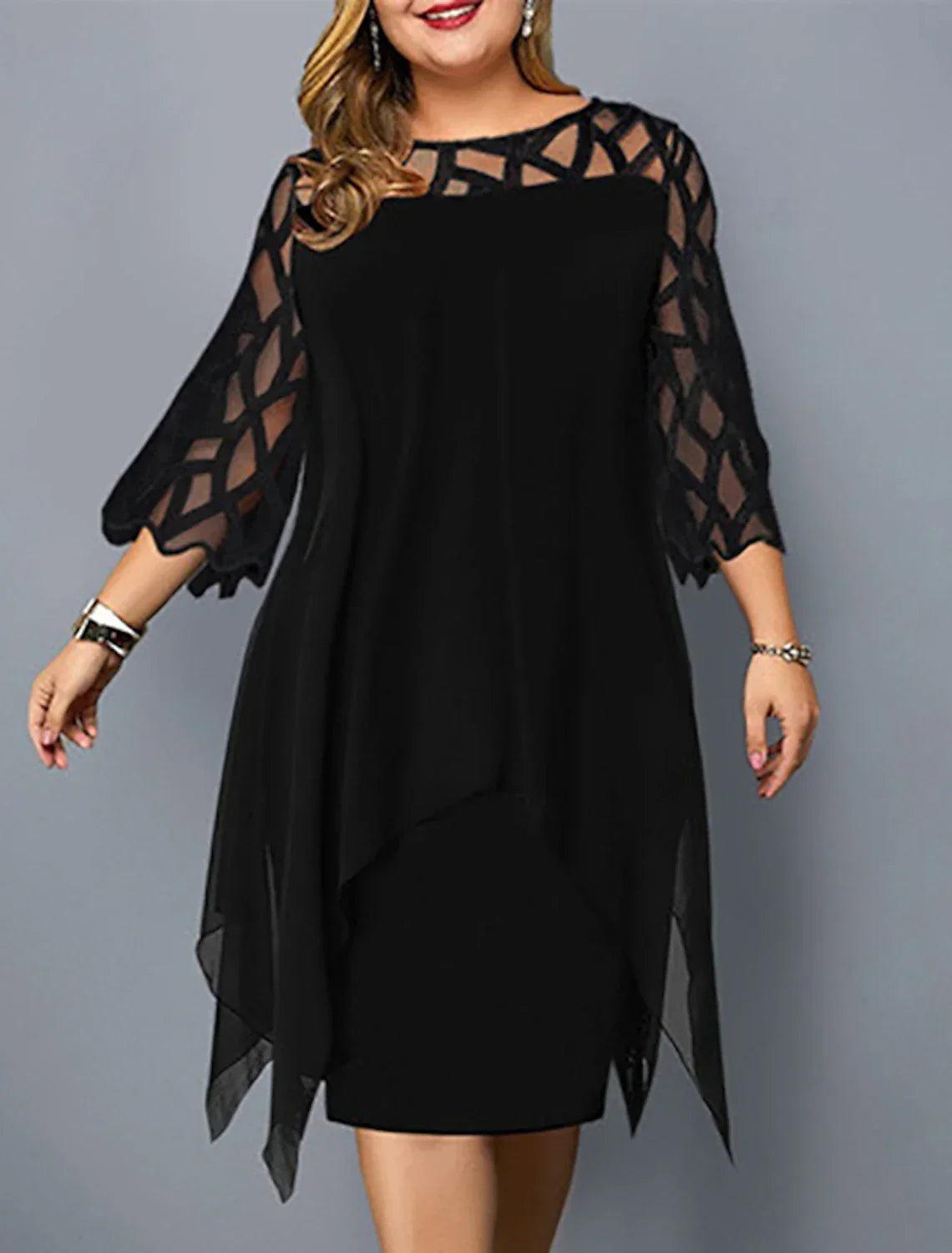 Cocktail Dress Semi-formal Party Dress Midi Jewel Neck 3/4 Length Sleeve Knee Length with Sleek Splicing