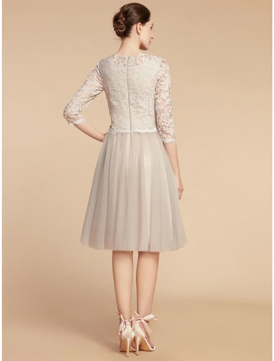 Mother of the Bride Dress Wedding Guest Elegant Petite Jewel Neck Knee Length Half Sleeve with Pleats Solid Color