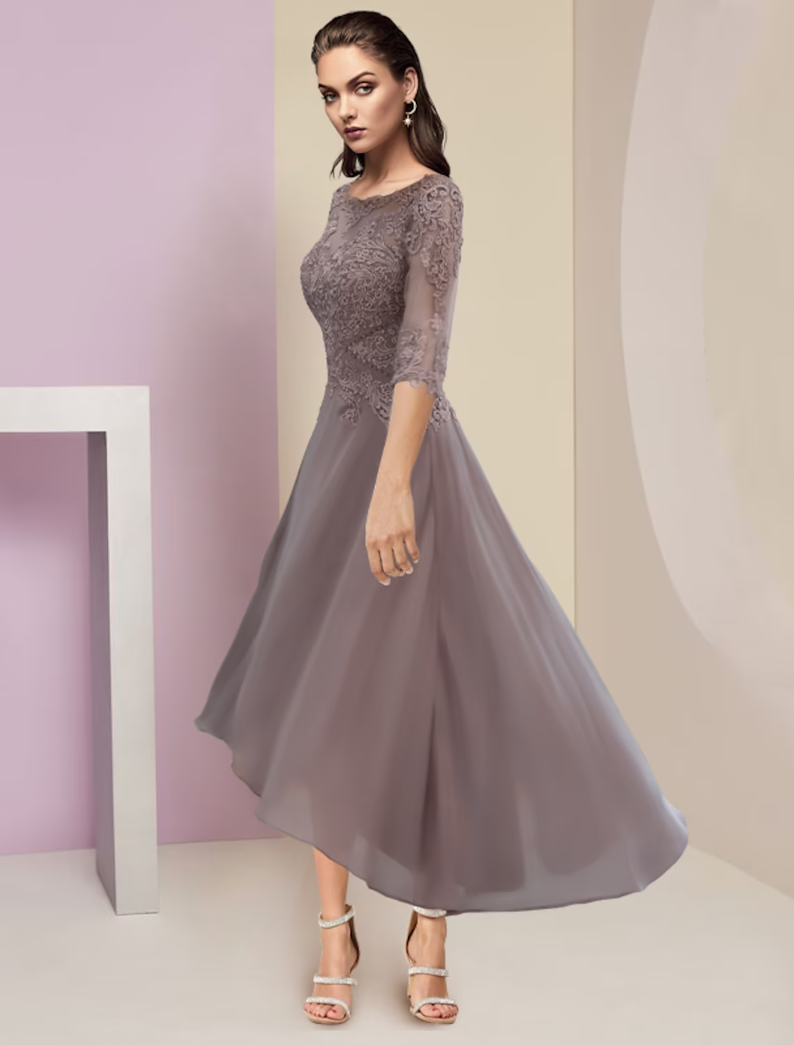 Two Piece A-Line Mother of the Bride Dress Formal Wedding Guest Party Elegant Scoop Neck Asymmetrical Sleeve Wrap Included with Beading Appliques