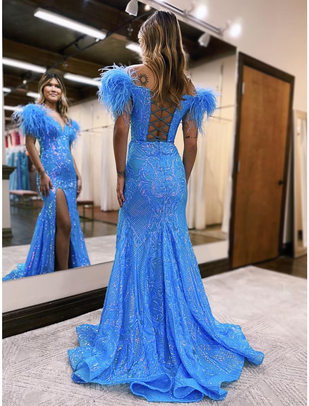 Sparkle Shine Dress Formal Court Train Sleeveless V Neck Backless with Slit