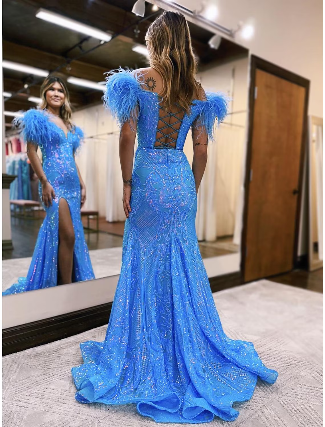 Sparkle Shine Dress Formal Court Train Sleeveless V Neck Backless with Slit