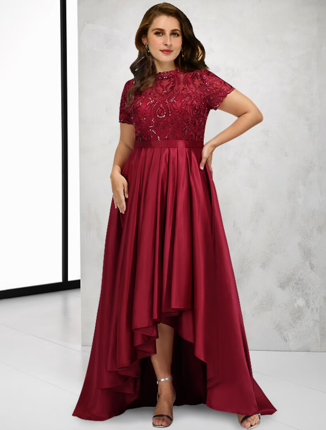 Plus Size Curve Mother of the Bride Dresses Vintage Dress Formal Asymmetrical Short Sleeve High Neck Taffeta with Pleats