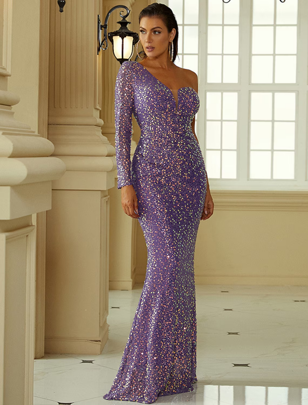 Evening Gown Sexy Dress Formal Floor Length Long Sleeve One Shoulder
