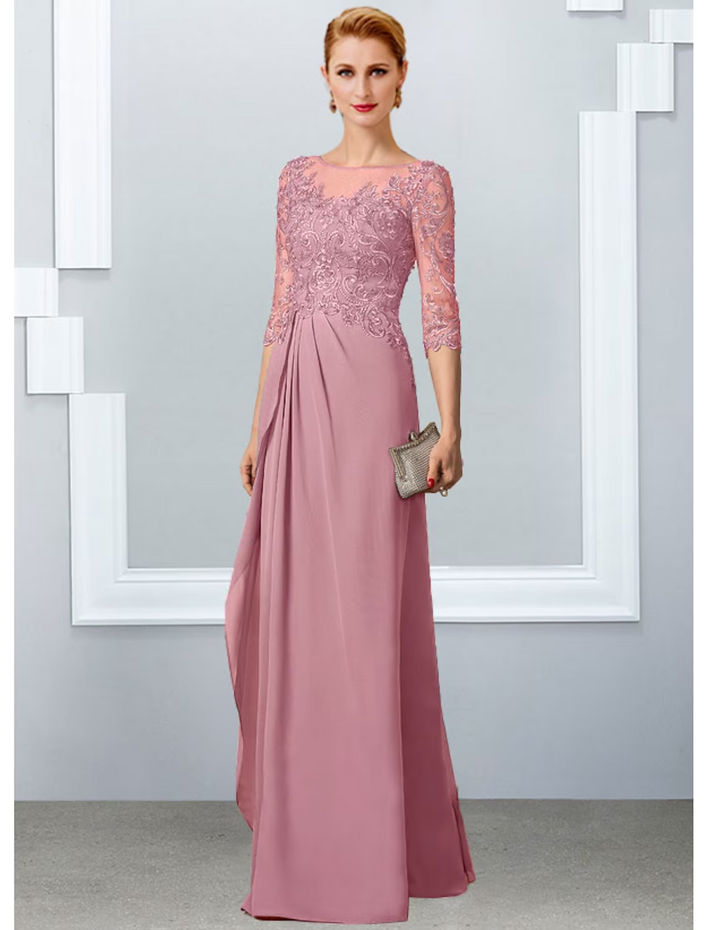 Mother of the Bride Dress Elegant Floor Length Half Sleeve with Appliques
