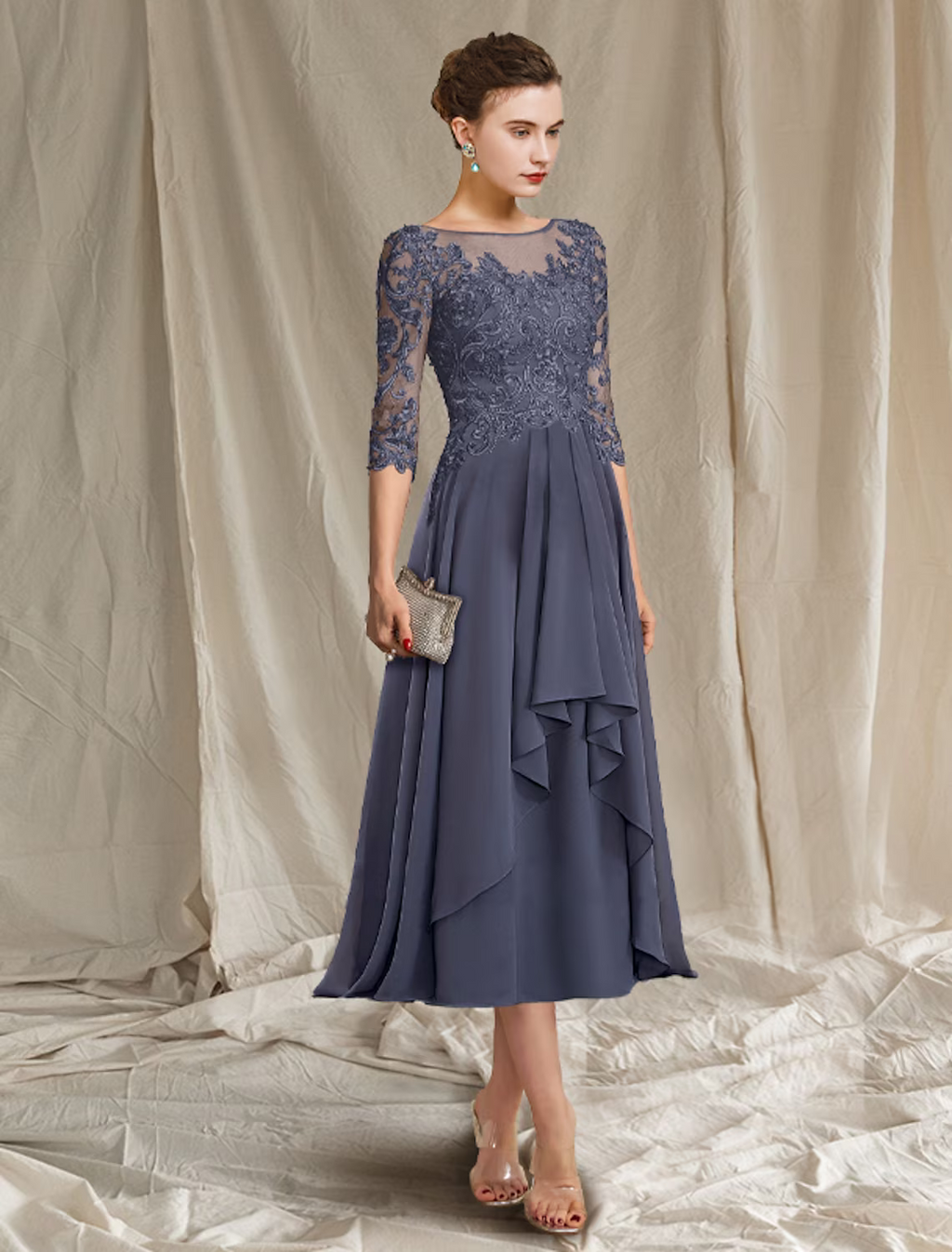 Mother of the Bride Dress Elegant Floor Length Half Sleeve with Pleats