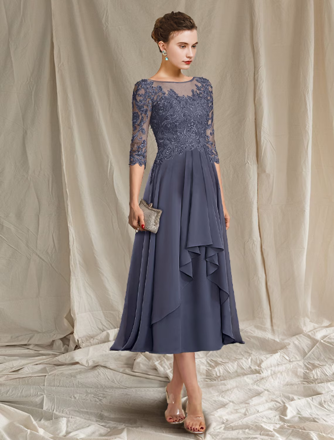 Mother of the Bride Dress Elegant Floor Length Half Sleeve with Pleats
