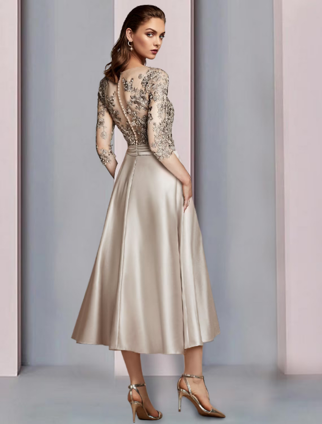 Mother of the Bride Dress Wedding Guest Elegant V Neck Length Half Sleeve with Pleats Appliques
