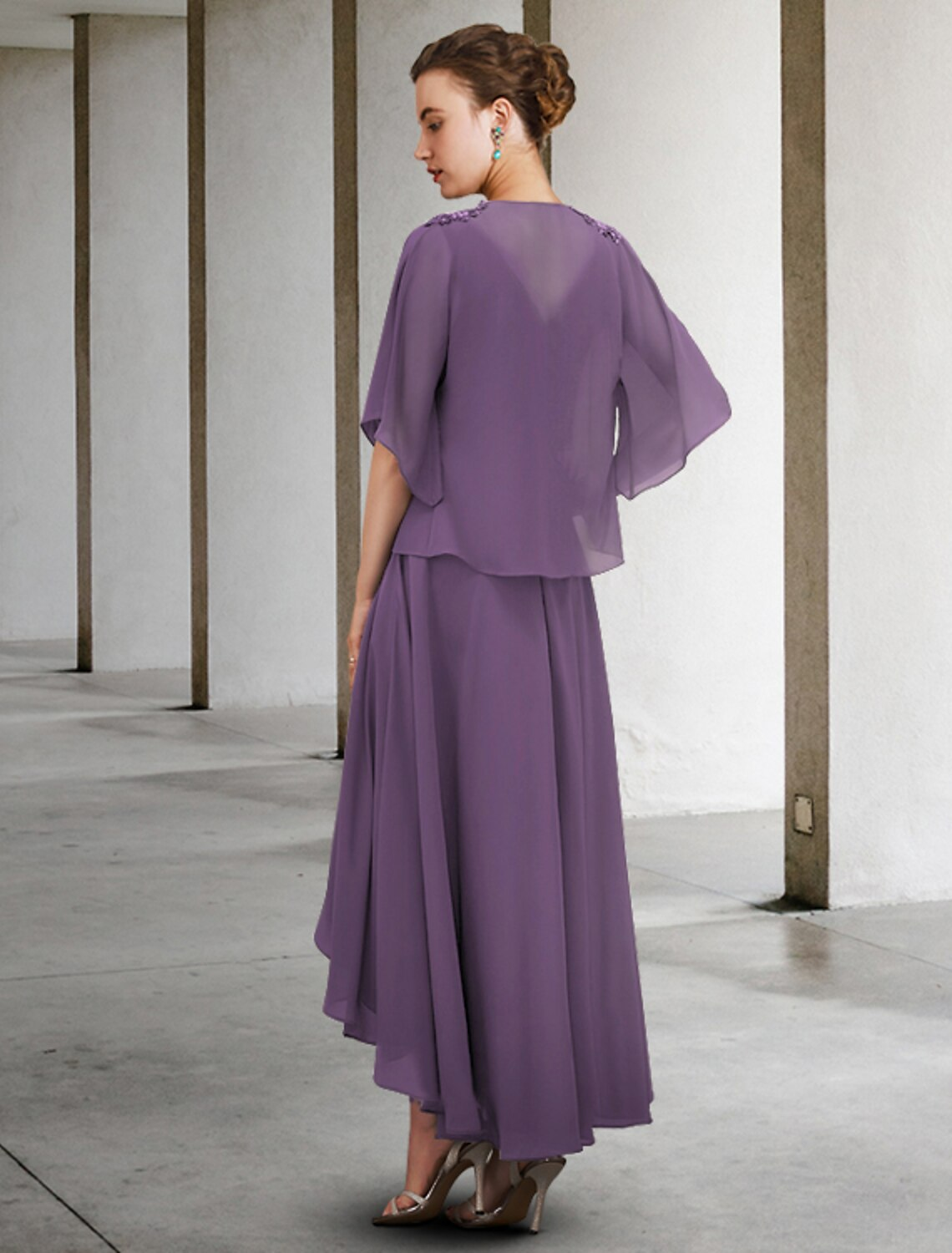 Two Piece A-Line Mother of the Bride Dress Elegant High Low V Neck Asymmetrical Half Sleeve with Pleats