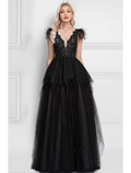 Black Dress Wedding Party Floor Length Sleeveless V Neck with Feather Appliques