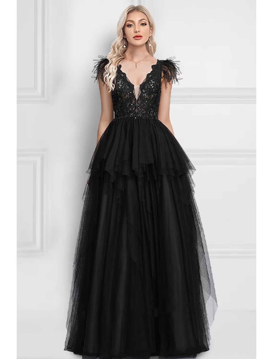 Black Dress Wedding Party Floor Length Sleeveless V Neck with Feather Appliques