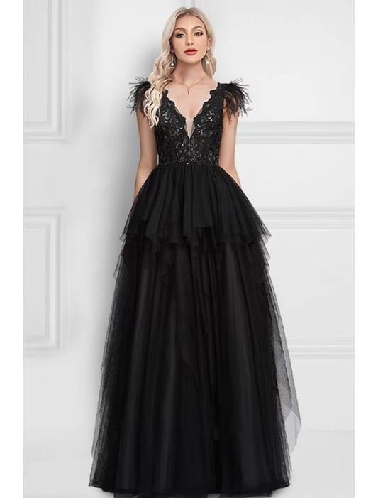 Elegant Black A-Line V-Neck Sleeveless Classic-Back Floor-Length Prom Dress