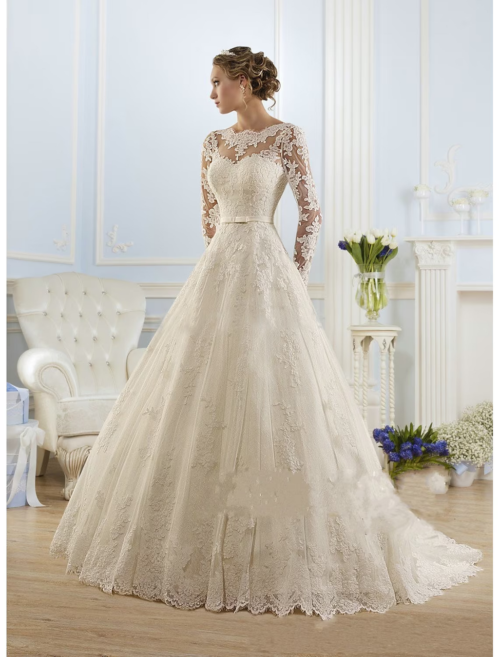 Engagement Formal Wedding Dresses Court Train A-Line Long Sleeve Jewel Neck With Appliques