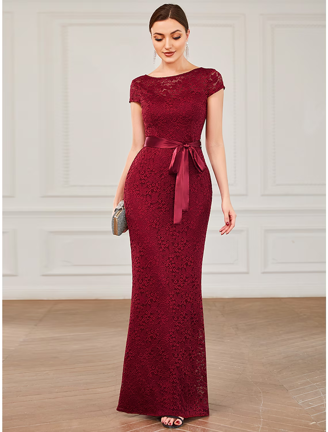 Vintage Red A-Line Classic-Neck Short-Sleeve Classic-Back Floor-Length Prom Dress