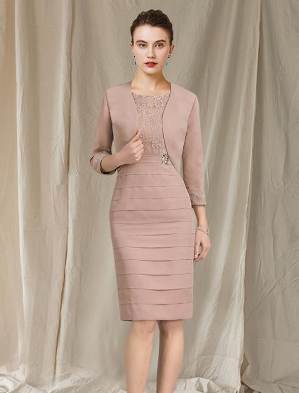 Two Piece Mother of the Bride Dress Church Elegant Knee Length Short Sleeve Wrap Included with Tier