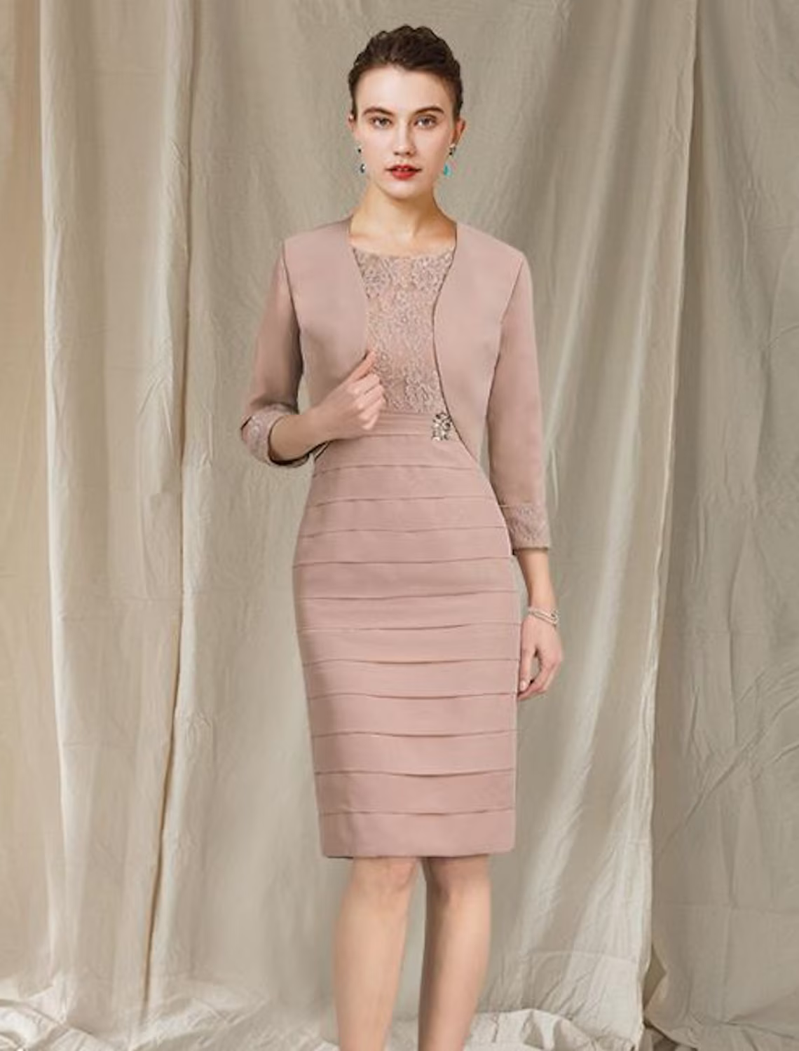 Two Piece Mother of the Bride Dress Church Elegant Knee Length Short Sleeve Wrap Included with Tier