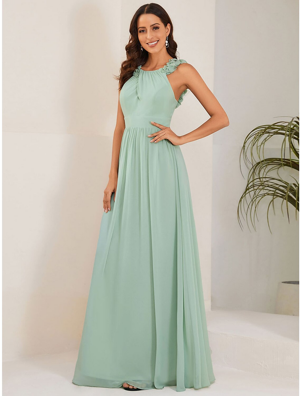 Wedding Guest Dresses Elegant Dress Formal Floor Length Sleeveless Jewel Neck with Pleats Flower