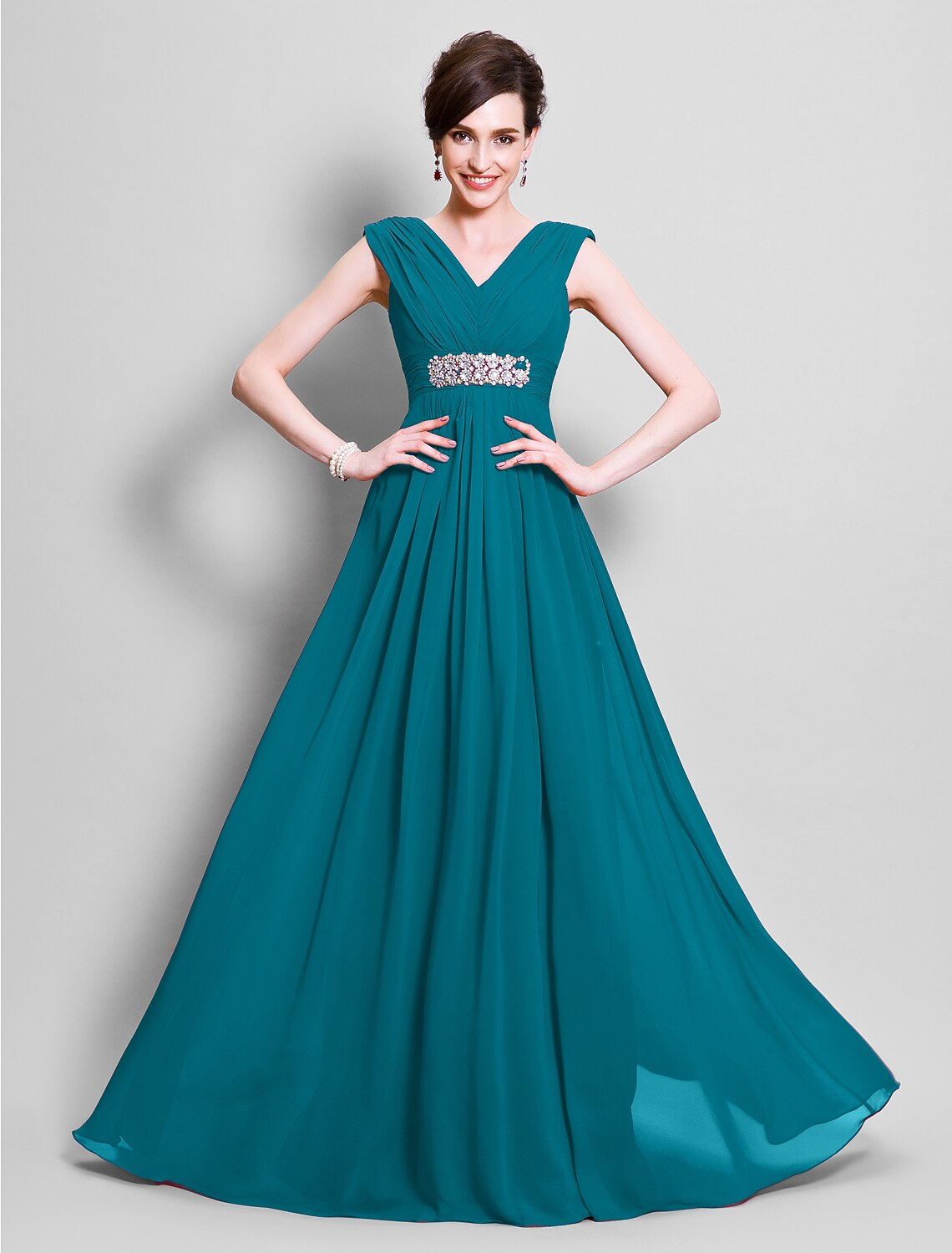 Mother of the Bride Dress Open Back V Neck Floor Length Sleeveless with Beading Side Draping
