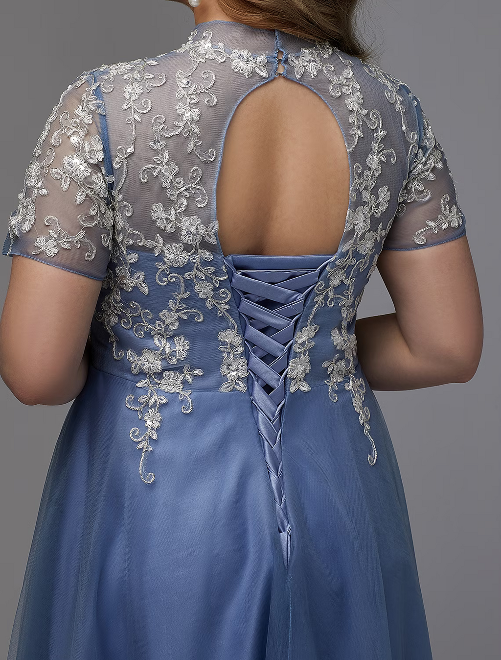 Plus Size Dress Wedding Guest Floor Length Short Sleeve High Neck Lace-up with Appliques