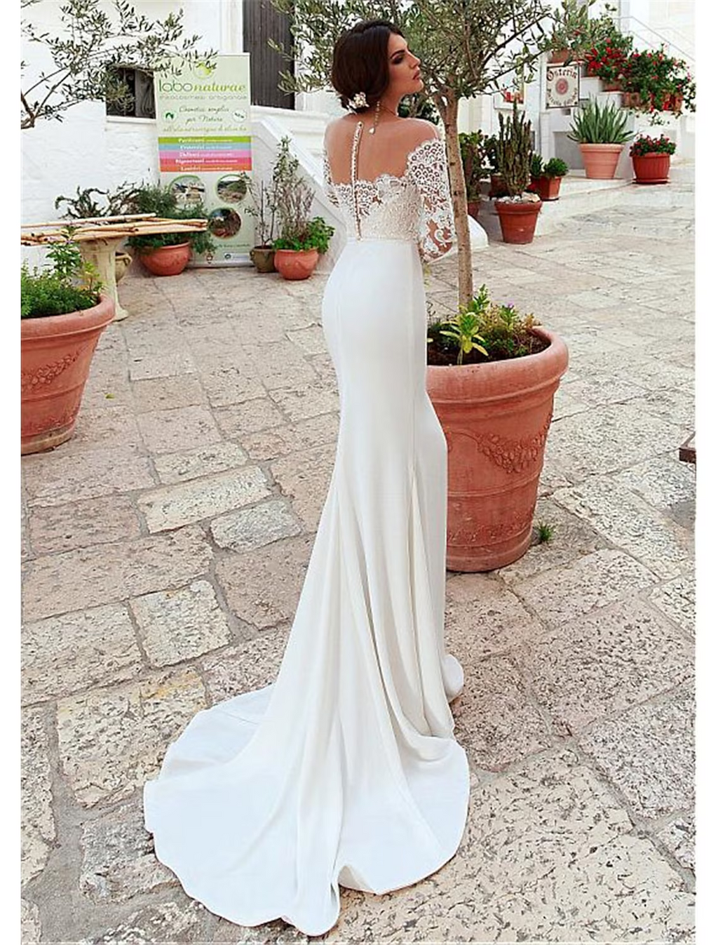 Engagement Open Back Formal Wedding Dresses Long Sleeve Jewel Neck With Appliques