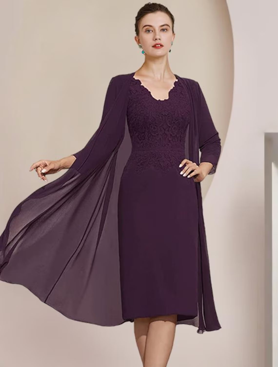 Two Piece Mother of the Bride Dress Formal Wedding Guest Elegant V Neck Knee Length Short Sleeve Dresses with Appliques