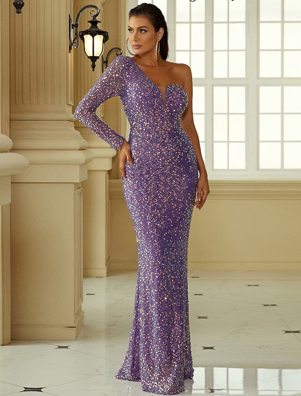 Evening Gown Sexy Dress Formal Floor Length Long Sleeve One Shoulder