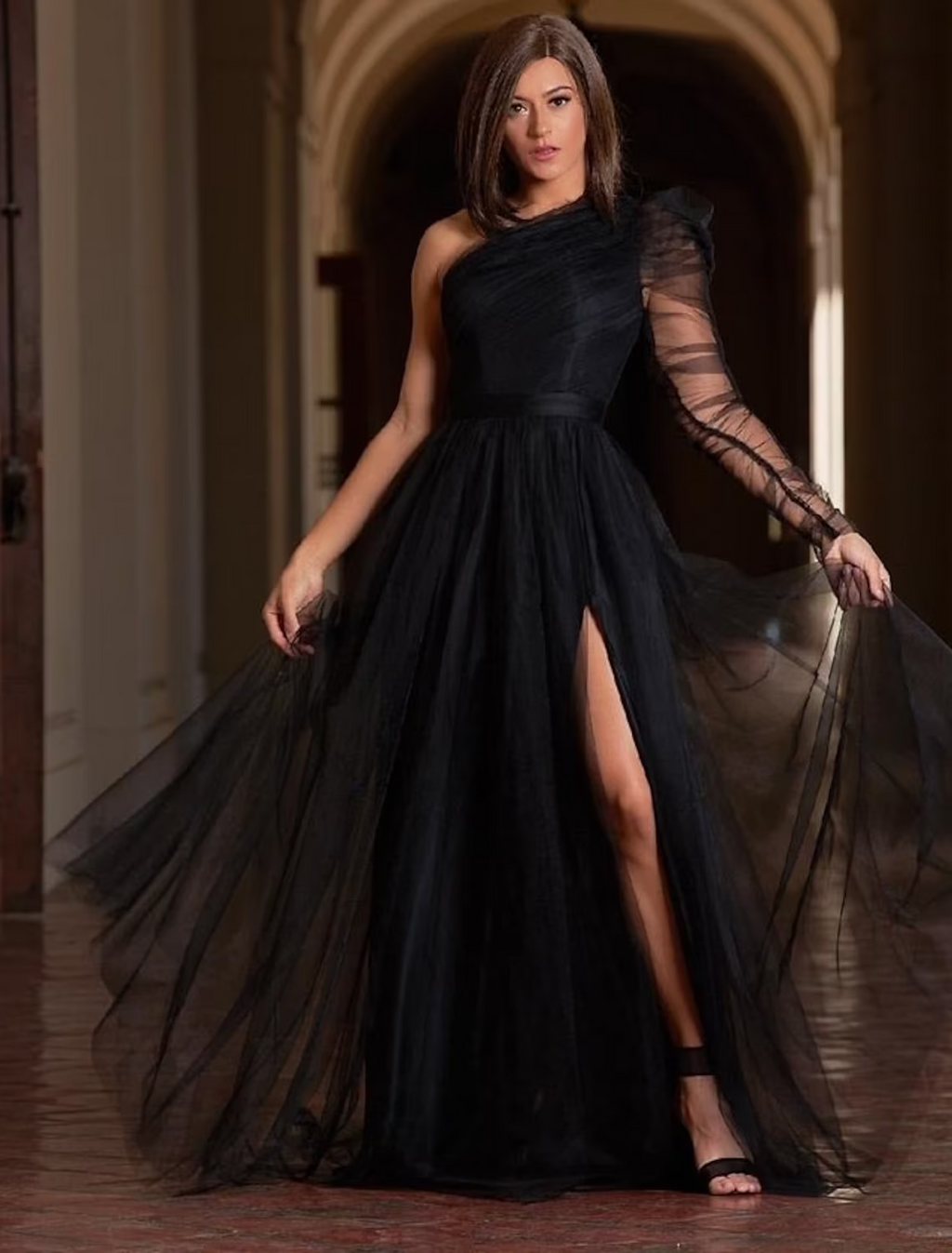 Plus Size Dress Wedding Guest Sweep / Brush Train Long Sleeve One Shoulder Wednesday Addams Family with Slit Pure Color
