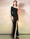 Evening Gown Sparkle Dress Wedding Guest Floor Length Sleeveless One Shoulder with Slit