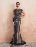 Evening Gown Luxurious Dress Engagement Short Sleeve Jewel Neck with Beading