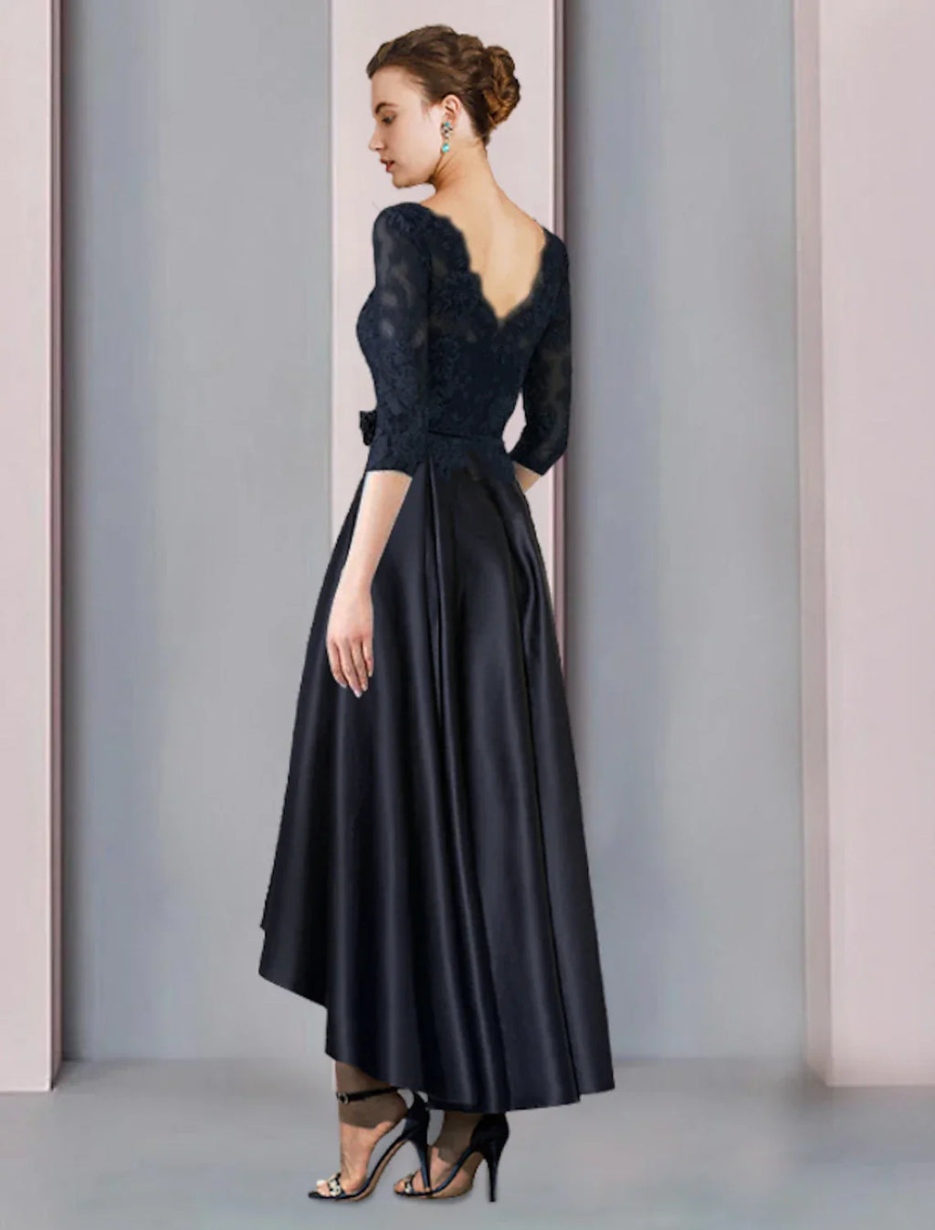 Mother of the Bride Dress Wedding Guest Elegant High Low Scoop Neck Asymmetrical Tea Length 3/4 Length Sleeve with Pleats Appliques Flower