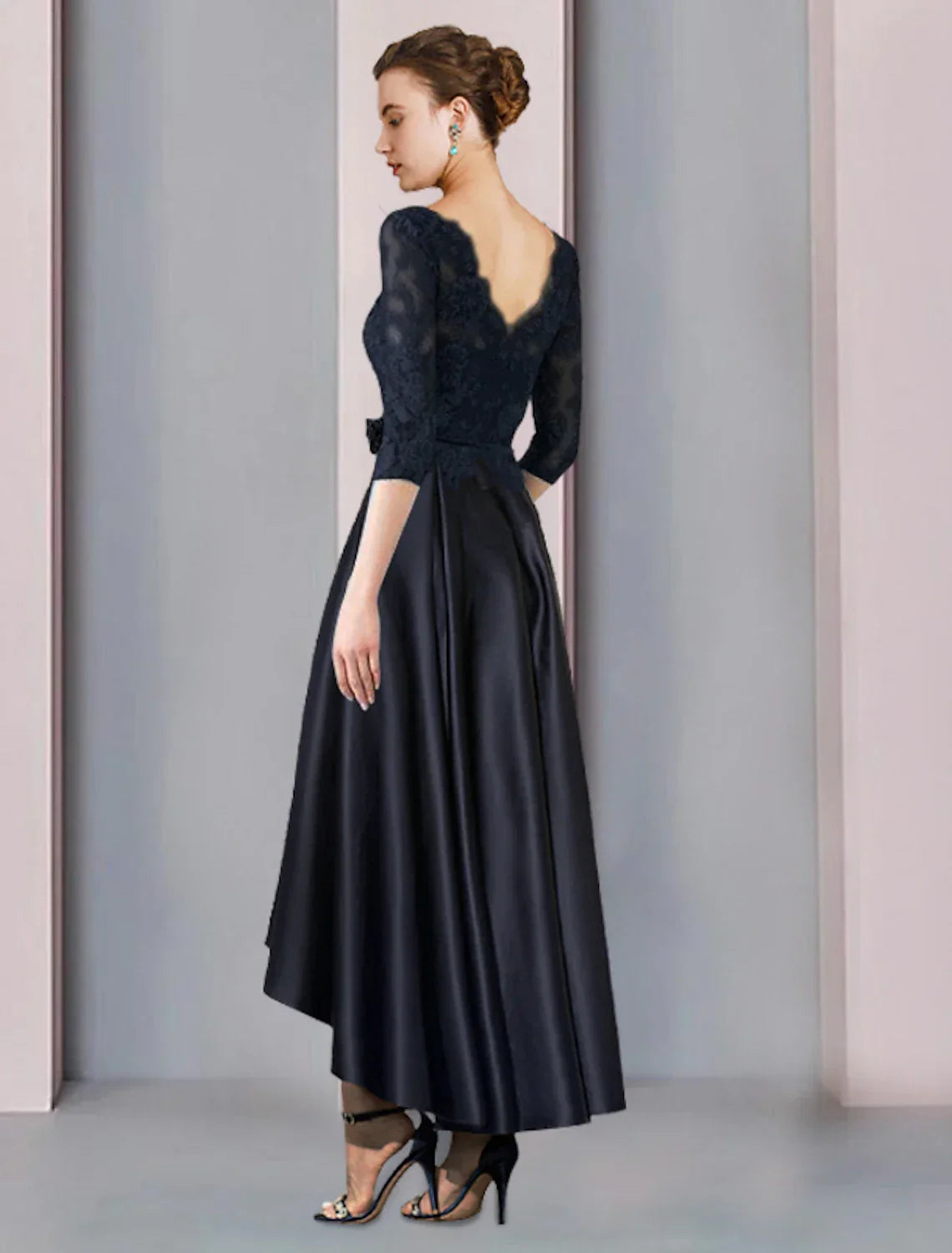 Mother of the Bride Dress Wedding Guest Elegant High Low Scoop Neck Asymmetrical Tea Length 3/4 Length Sleeve with Pleats Appliques Flower