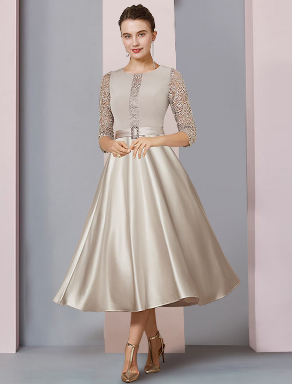 Mother of the Bride Dress Formal Wedding Guest Party Elegant Scoop Neck Half Sleeve with Crystal Brooch