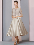Mother of the Bride Dress Formal Wedding Guest Party Elegant Scoop Neck Half Sleeve with Crystal Brooch