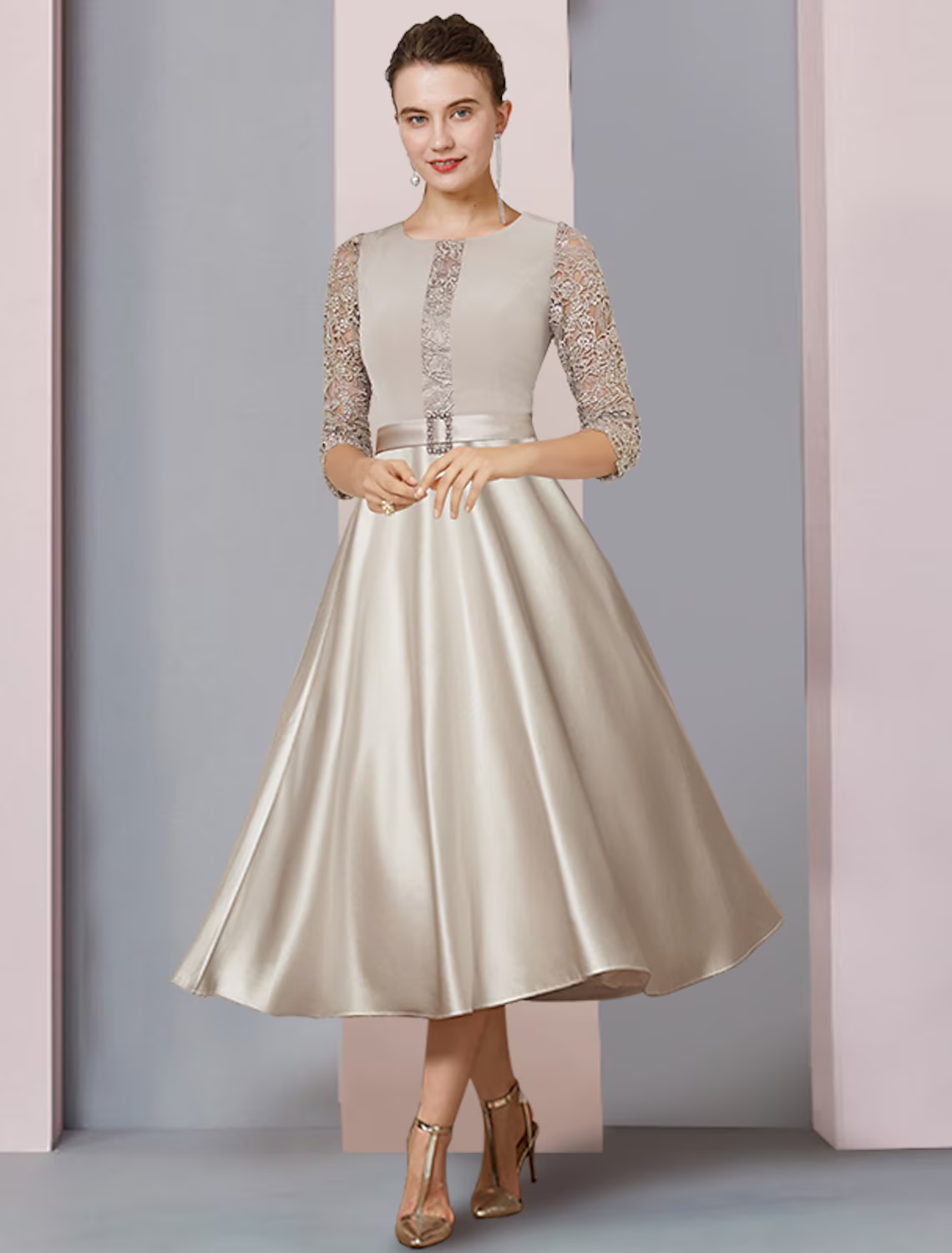Mother of the Bride Dress Formal Wedding Guest Party Elegant Scoop Neck Half Sleeve with Crystal Brooch