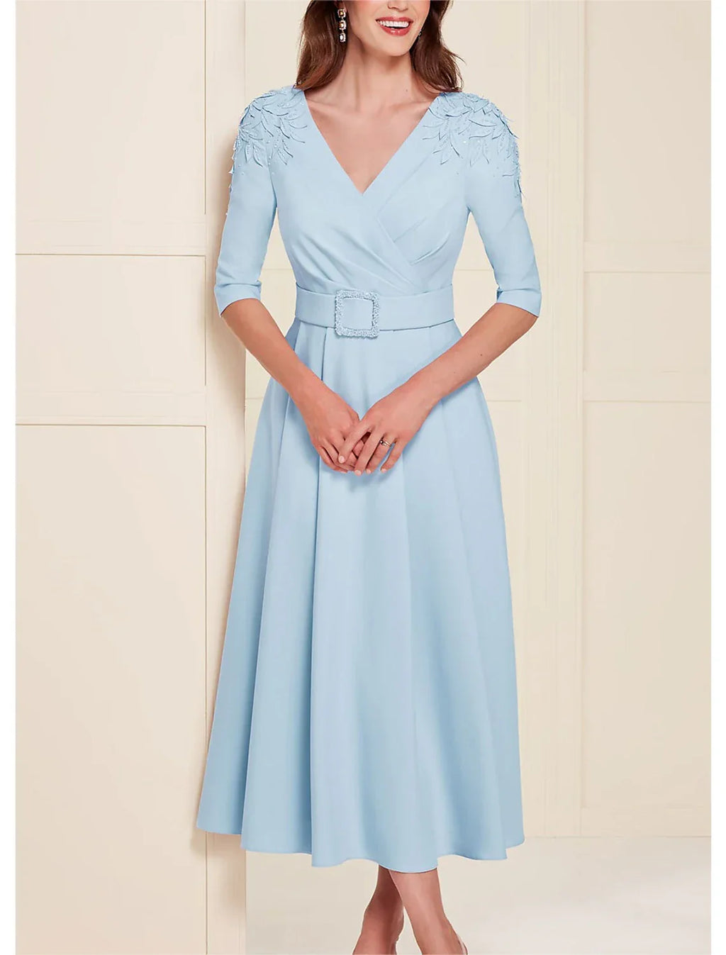 Mother of the Bride Dress Formal Wedding Guest Elegant Scoop Neck V Neck Tea Length Half Sleeve with Bow(s)