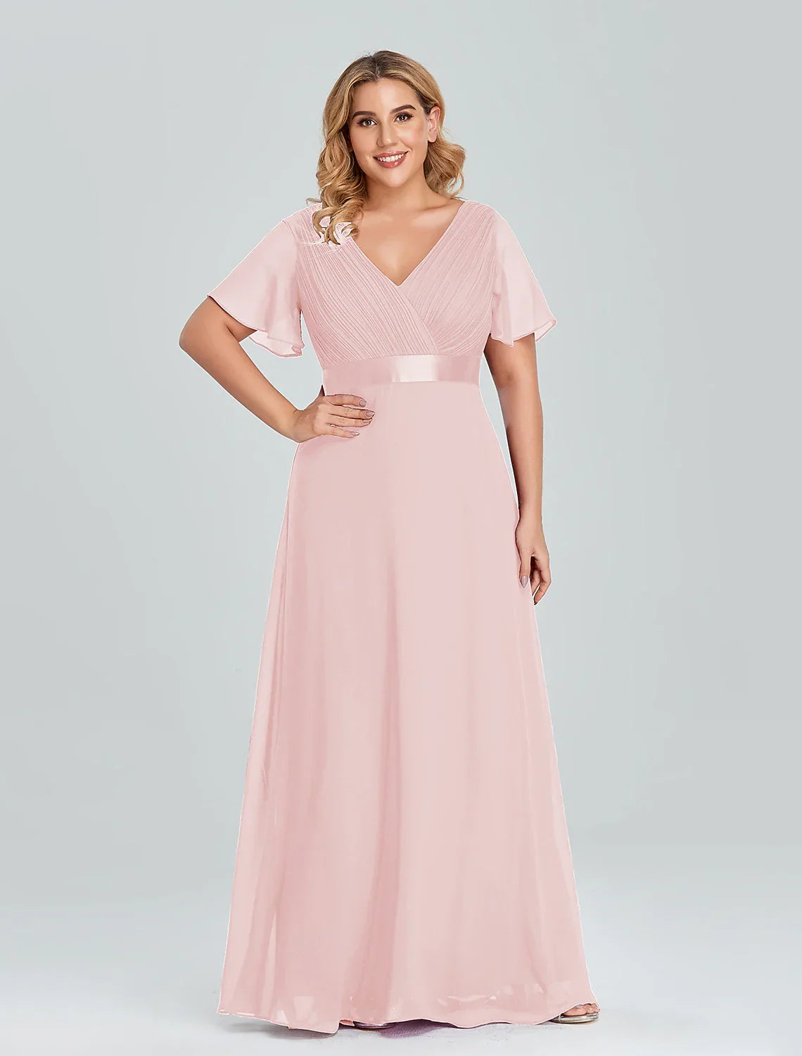 Empire Dress Wedding Guest Floor Length Short Sleeve V Neck with Pleats