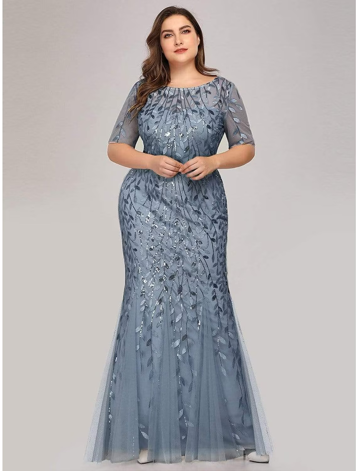 Empire Elegant Party Wear Formal Evening Dress Jewel Neck Short Sleeve Floor Length with Embroidery