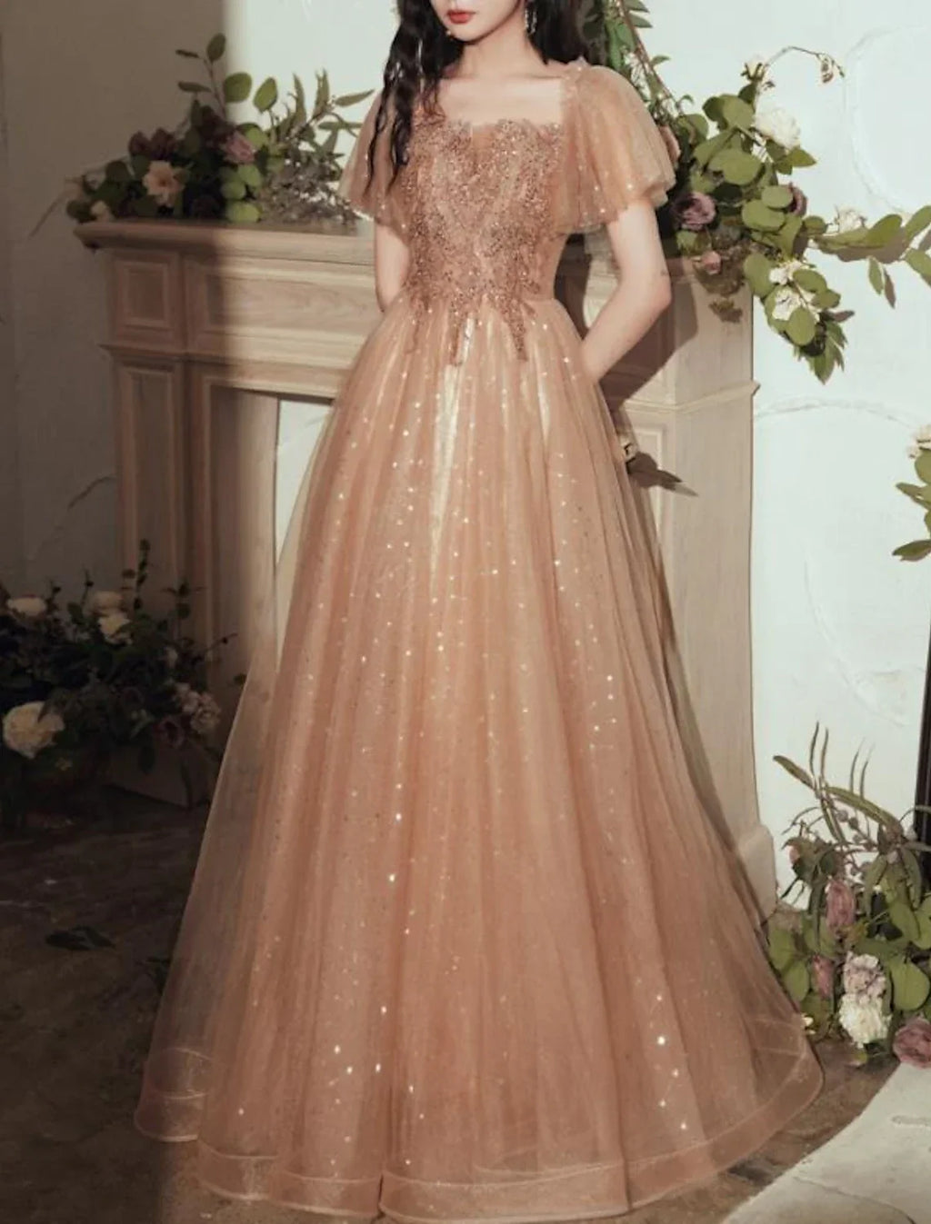 Glittering Elegant Wedding Guest Formal Evening Dress Scoop Neck Short Sleeve Floor Length with Pleats